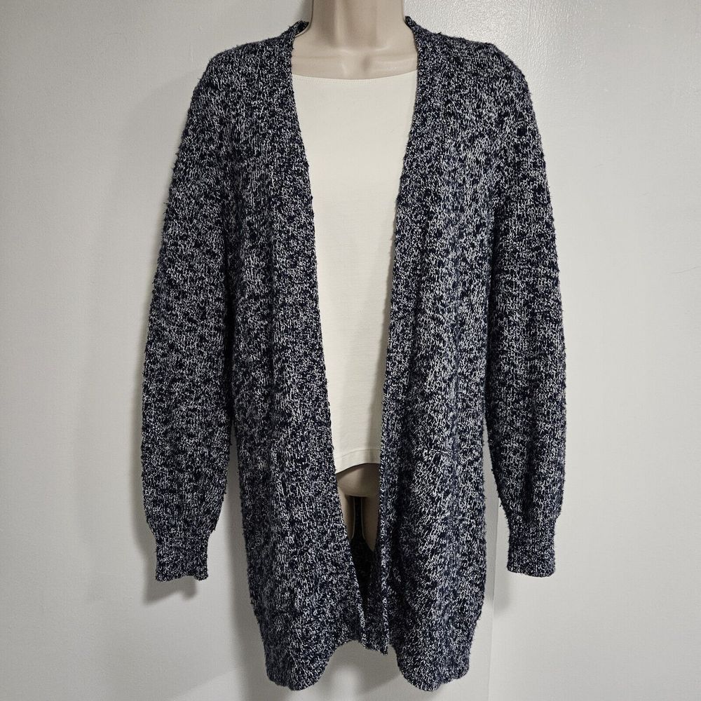 LL Bean Size M Navy Open Front Cotton Ragg Chunky Knit Cardigan Sweater 503637